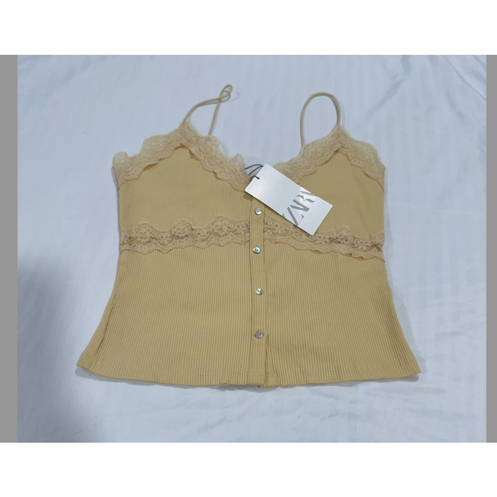 Zara Buttoned Rib Lace Top Size L - Picture 3 of 4